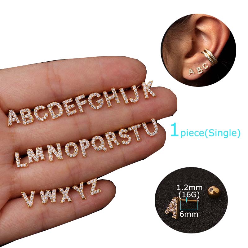 1Piece U-Z 16G Small  Initial Alphabet English Letter Helix Earrings Pinna Rook Piercing