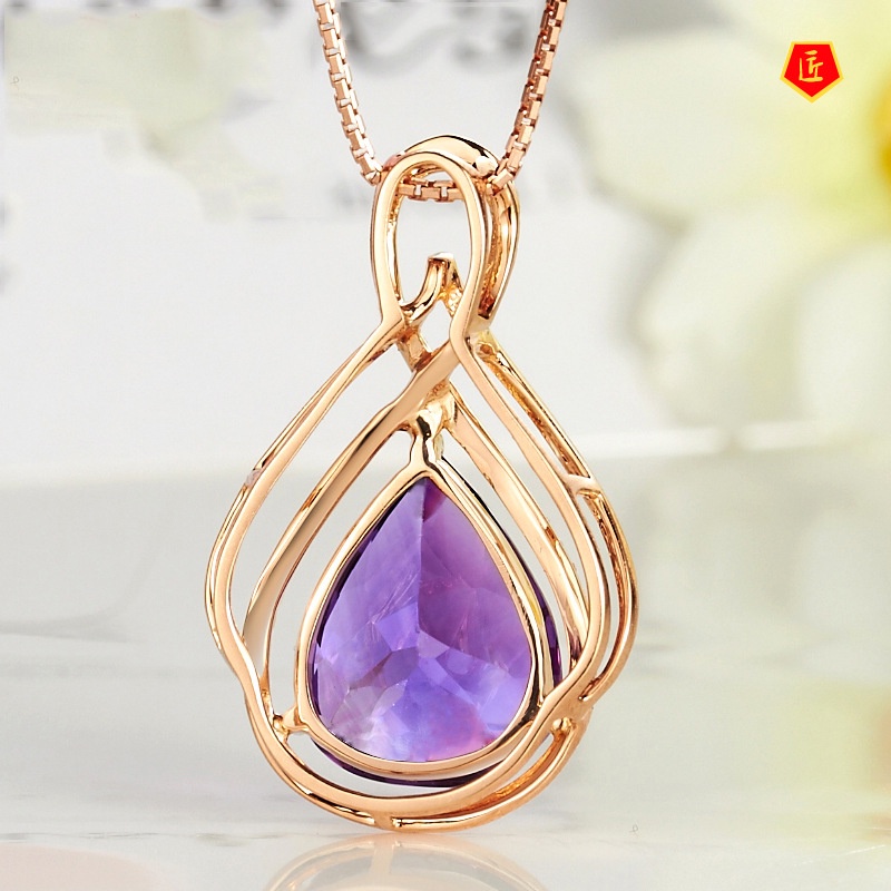 [Ready Stock]5 Karat Amethyst Pendant 18K Gold Colored Gemstone Elegant Temperament