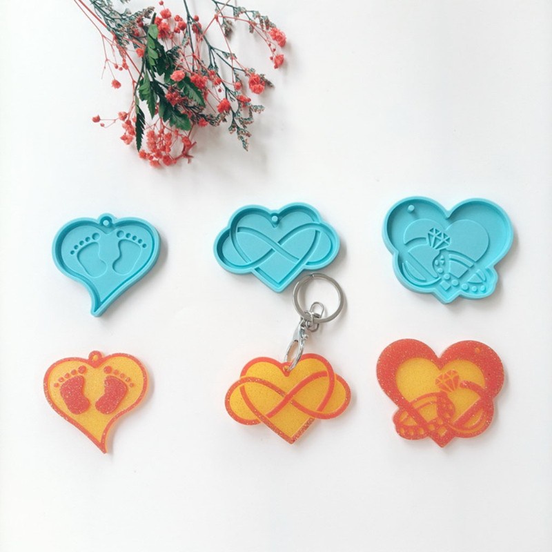 Glitter 3 Pcs Love Heart Keychains Epoxy Resin Mold Necklace Pendant Silicone Mould DIY Crafts Jewelry Hanging Decortaions Tool