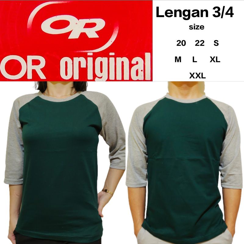 Kaos raglan polos pria wanita couple Hijau botol lengan abu Misty 3/4