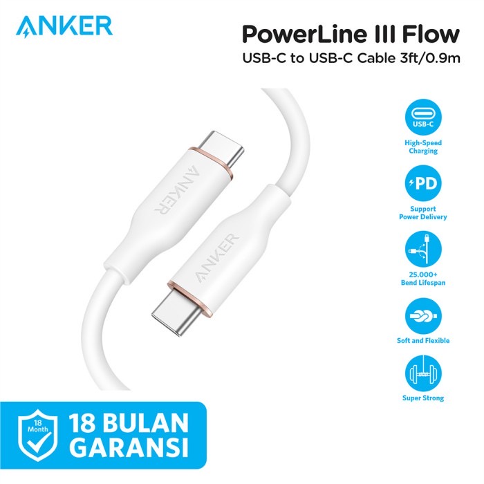 Anker Cable Charger PowerLine III Flow Type C to Type C 3ft (0.9m) SKU : A8552 - Garansi Resmi 18 Bulan