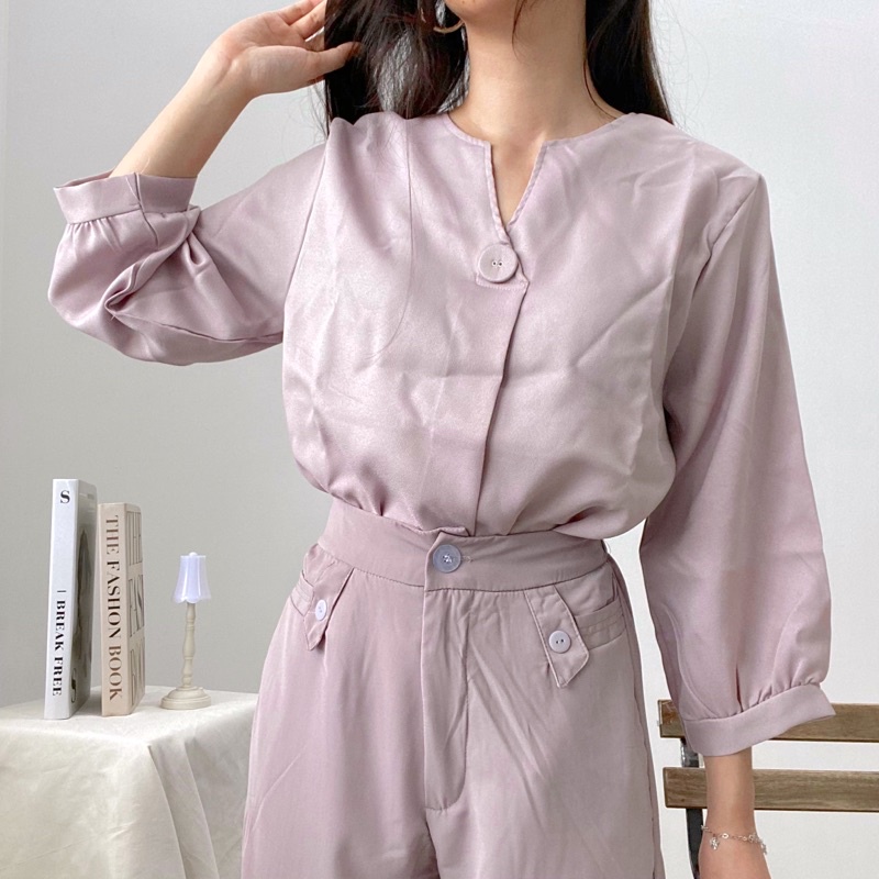 ALMI V-Neck Blouse One Button Formal Daily Baju Kantor 0371