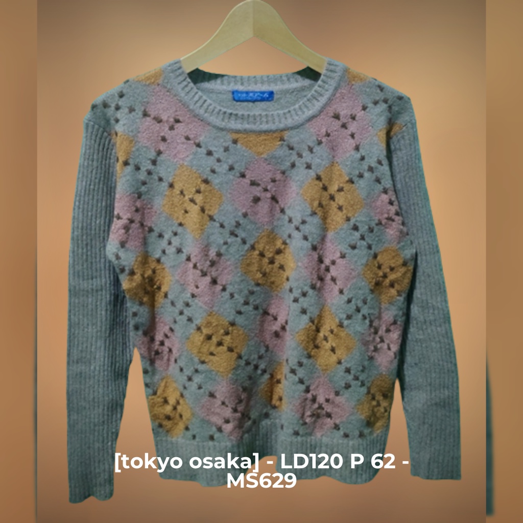 MS629 | Brand [bahasa Jepang...] | SWEATER Motif Ketupat | Argyle Pattern | Preloved-Thrift | Rajut
