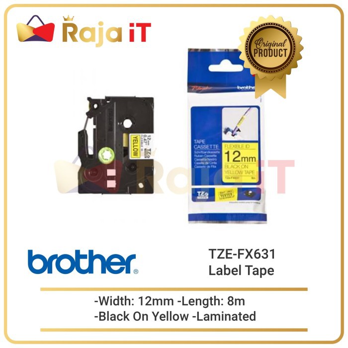 

BROTHER Label Tape TZE FX631 Flexible 12mm Black On Yellow