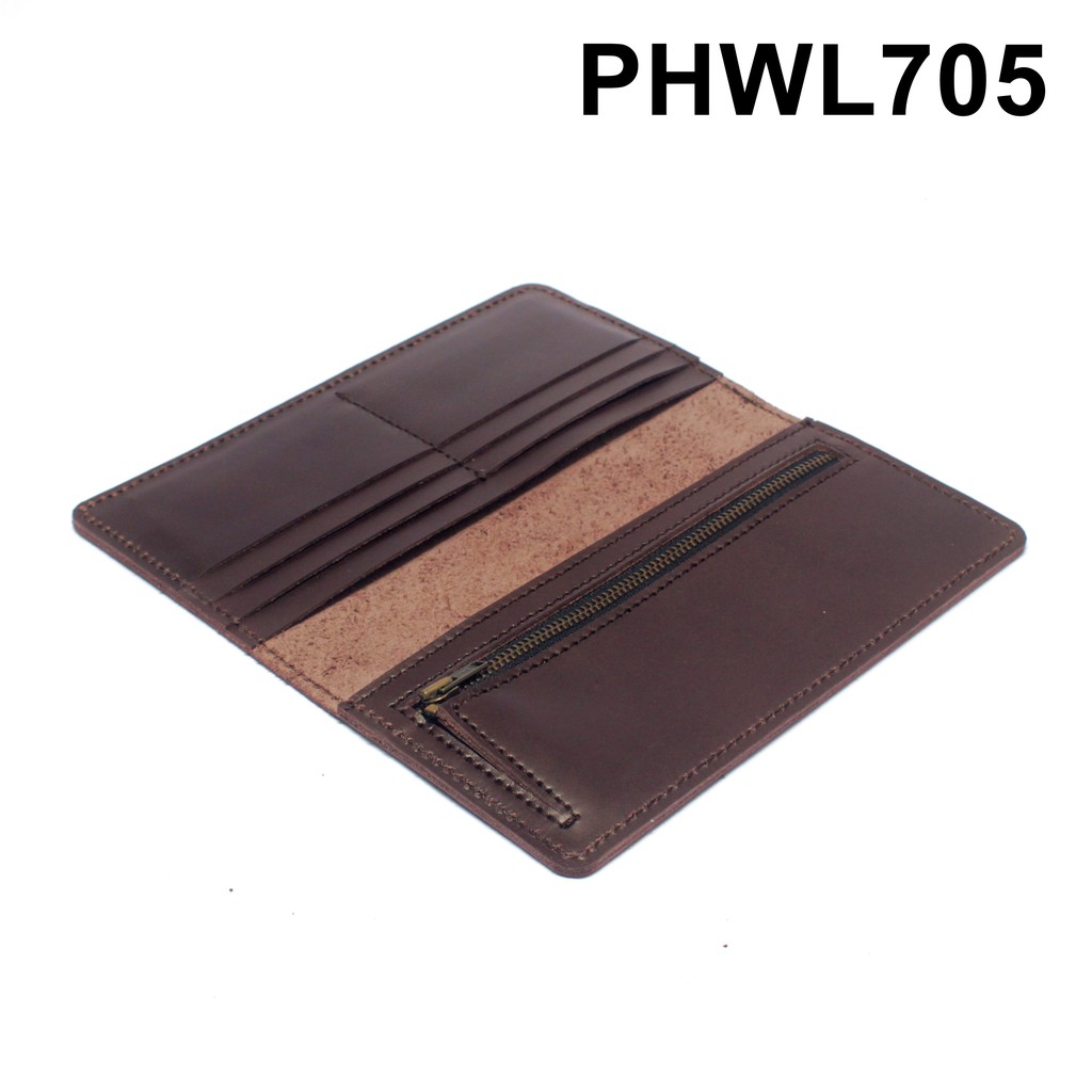 dompet cewek model panjang -saku zipper kulit sapi asli coklat PHWL705