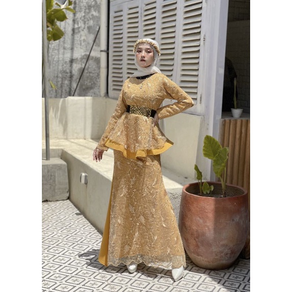 Santorini gamis peplum duyung scuba kombinasi tile bordir free belt