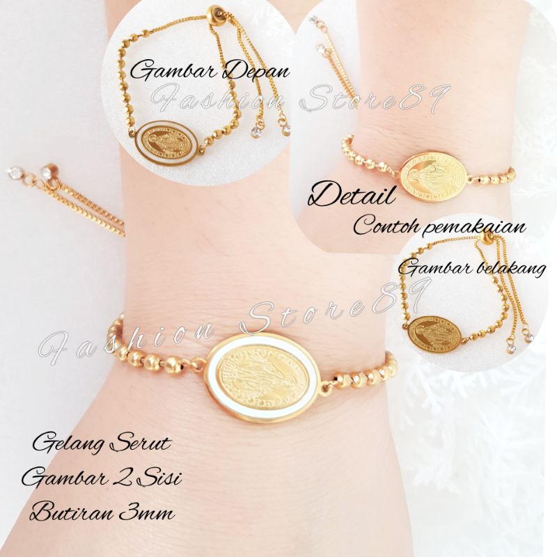 Gelang Serut Rosario Bahan Titanium Antikarat gold fashion rohani motif Bunda Maria Benediktus Salib