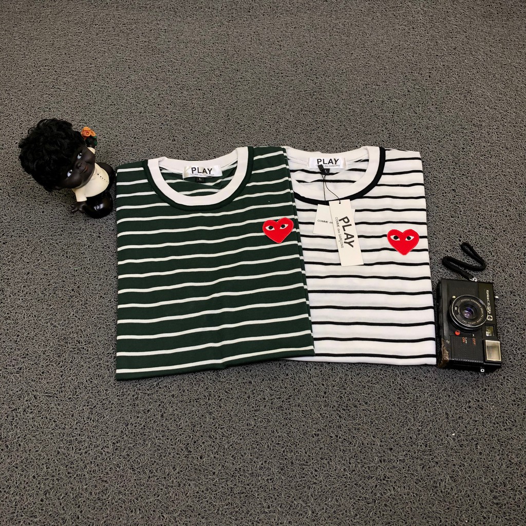 T SHIRT KAOS PLAY COMME DES GARCONS CDG SMALL HEART SMALL STRIPE PUTIH & HIJAU AUTHENTIC PREMIUM