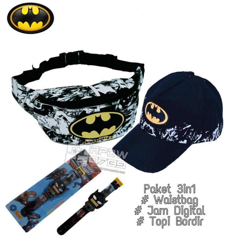 Paket Hemat 3in1 Tas Waistbag Batman Dinir+ Topi Bordir + Jam Tangan Pencet