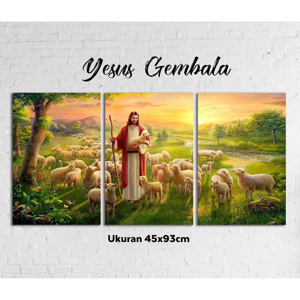 1 set jumbo hiasan dinding rohani poster kayu yesus gembala walldecor nasrani kristen katolik