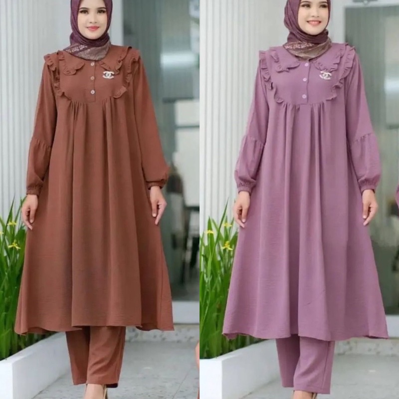 [ NEW ] JULITA SET Crinkle Airflow Jumbo Ld 120 Long Tunik / Setelan Muslim Wanita Terbaru Bahan Crinkle Setelan 2in1 Termurah Atasan Long Tunik Plus Celana Full Karet Setelan Wanita Trendy / Julita Set / One set polos jumbo / izdihaar olshop