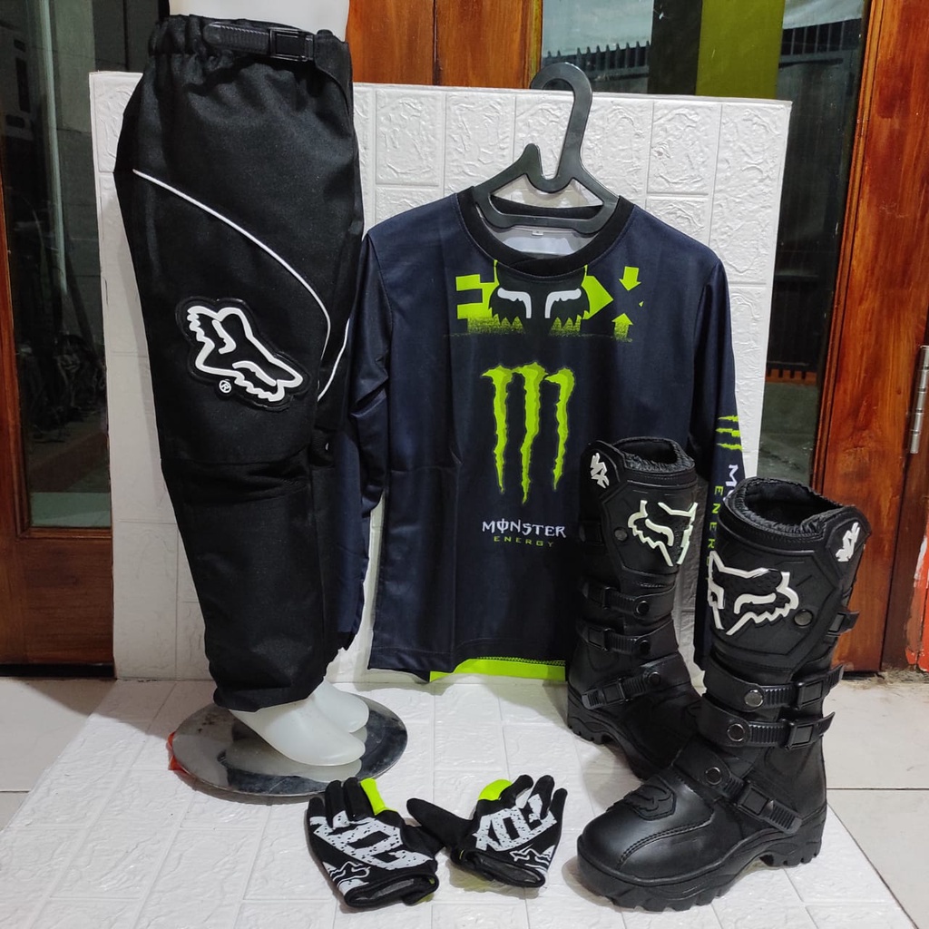 baju traill stelan anak offroad sepatu cross satu sett jersey sarung tangan HITAM STABILO