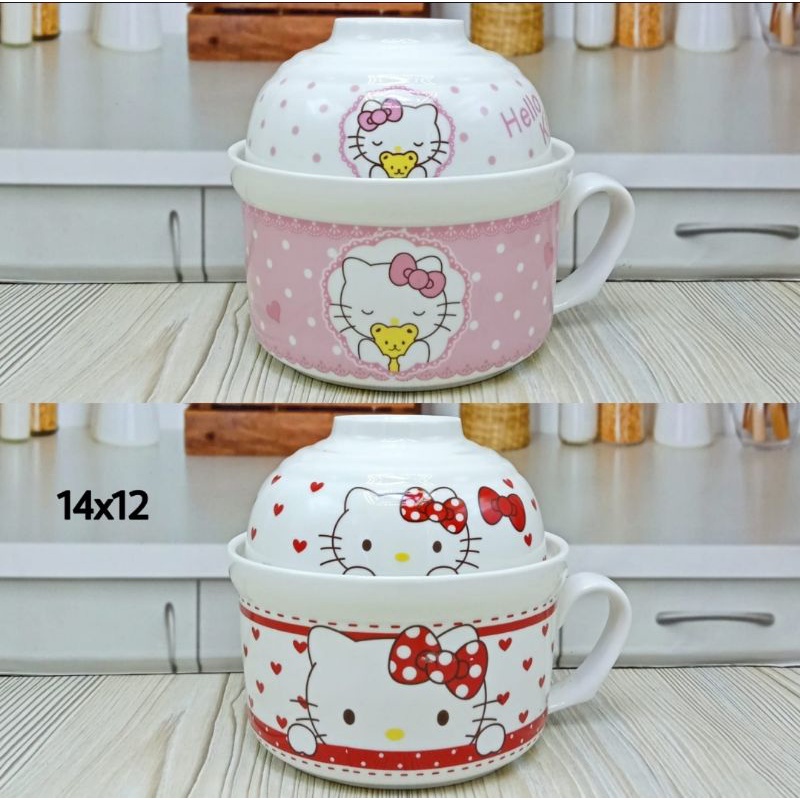 mangkok tutup keramik gelas Hello kitty