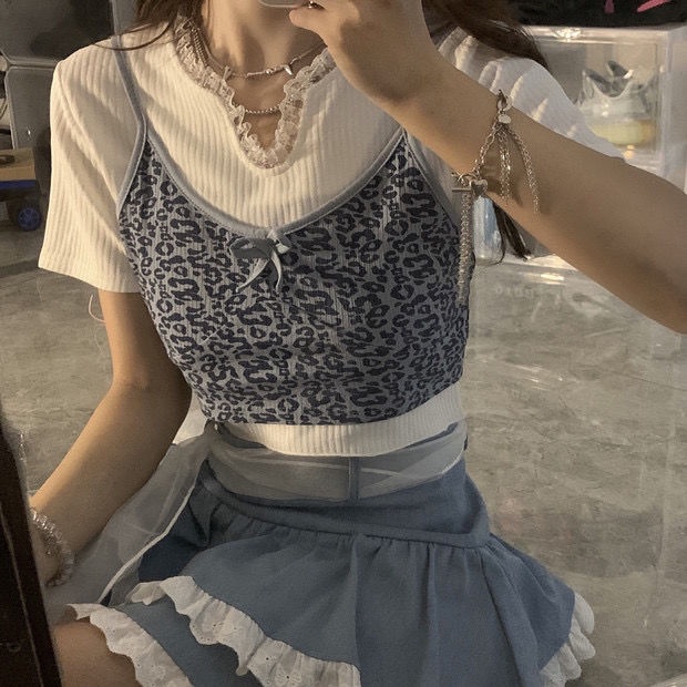 2021 baru musim panas ins net merah retro goreng street leopard print rompi pendek wanita suspender