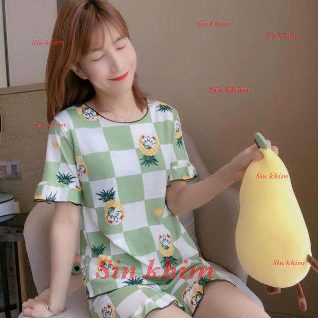 Baju tidur Wanita Import Bahan Kaos Spandex Tebal Aneka Motif All Size L Short Pants-Nanas kotak