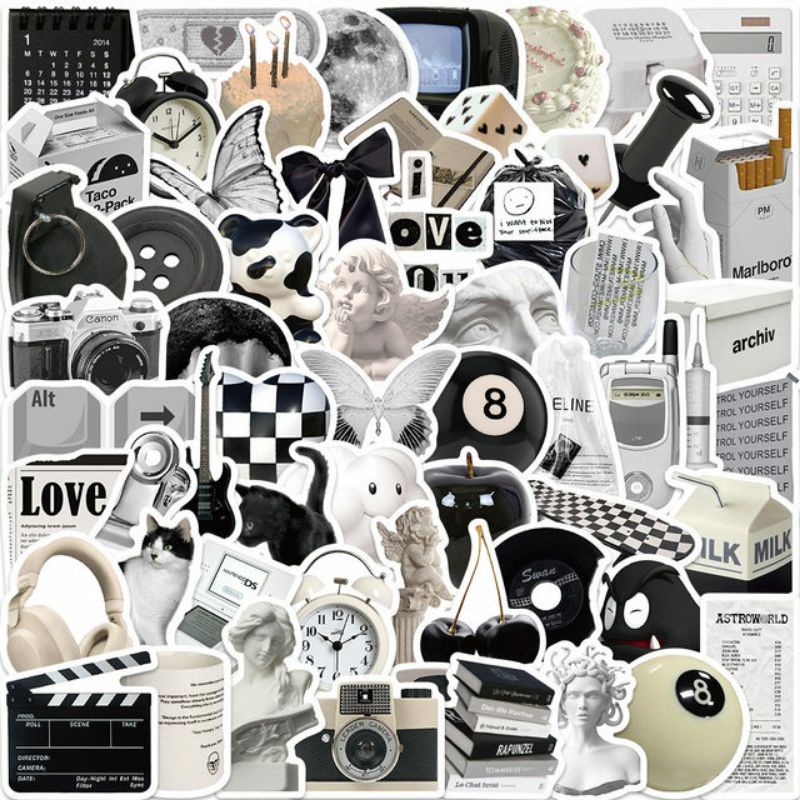 STIKER PACK HITAM PUTIH STYLE 260029- STIKER AESTHETIC KEREN IMUT LAPTOP, AKSESORIS HP,, MOTIF, HELM
