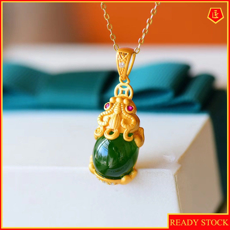 [Ready Stock]Fashion New Gold-Plated Inlaid Jade Brave Troop Necklace Pendant