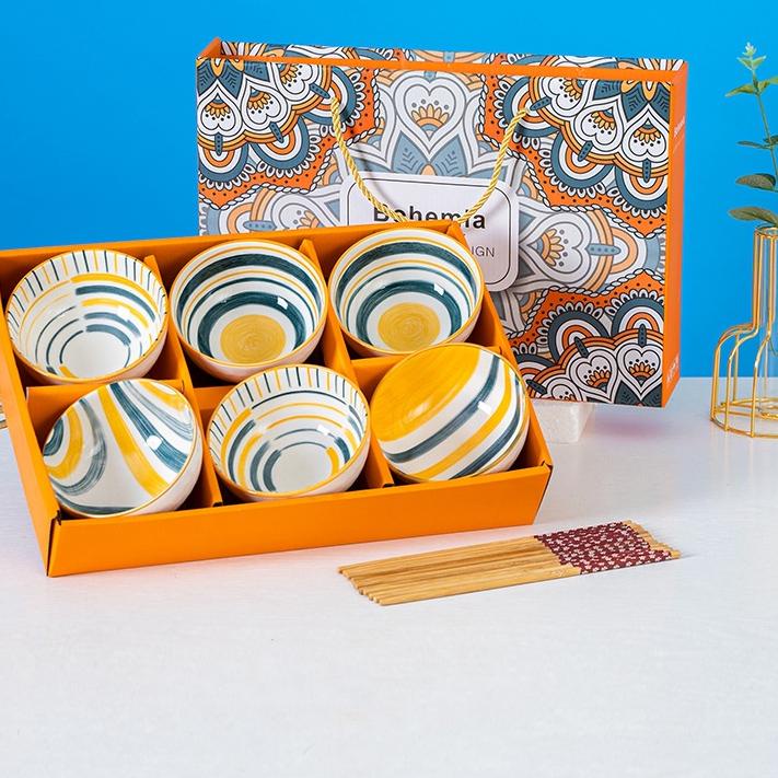 Harga Bersahabat.. 【Pengiriman Gratis】 Mangkok Keramik Set Souvenir Mangkok Set Motif Antik Bahan Ke