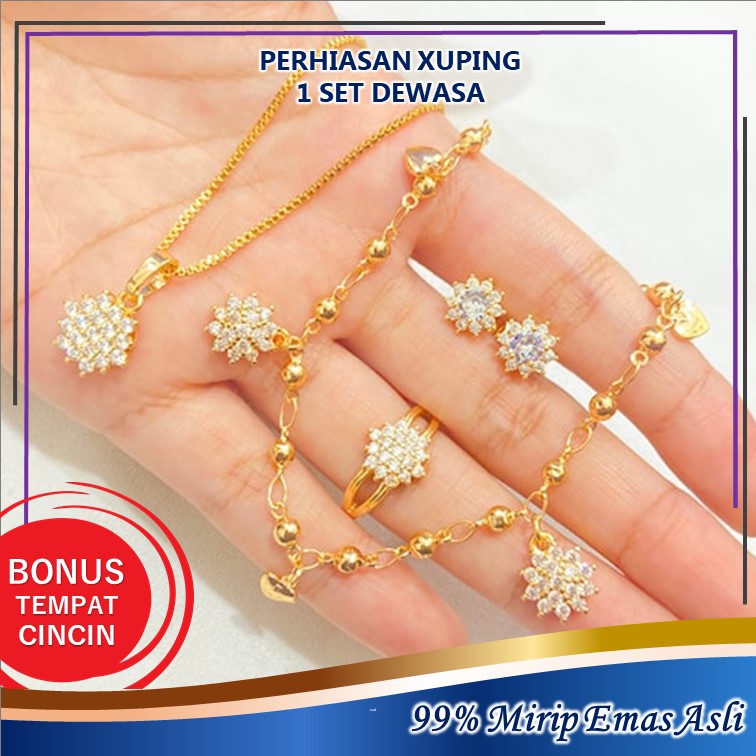 Kalung Liontin Wanita 1 SET Emas Xuping Titanium Kalung Anting Gelang Cincin  Dewasa Lapis Emas SLE-