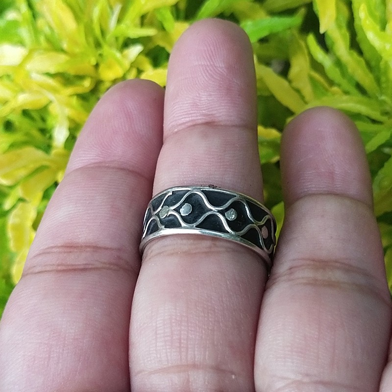 Cincin Ring Perak Silver Bali Gelombang Hitam Antik 925 Pria Wanita Cewek Cowok