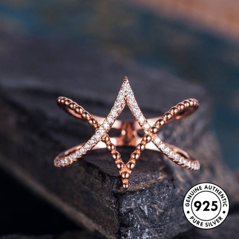 Cincin Berlian Bentuk V Bahan S925 Silver Warna Rose Gold