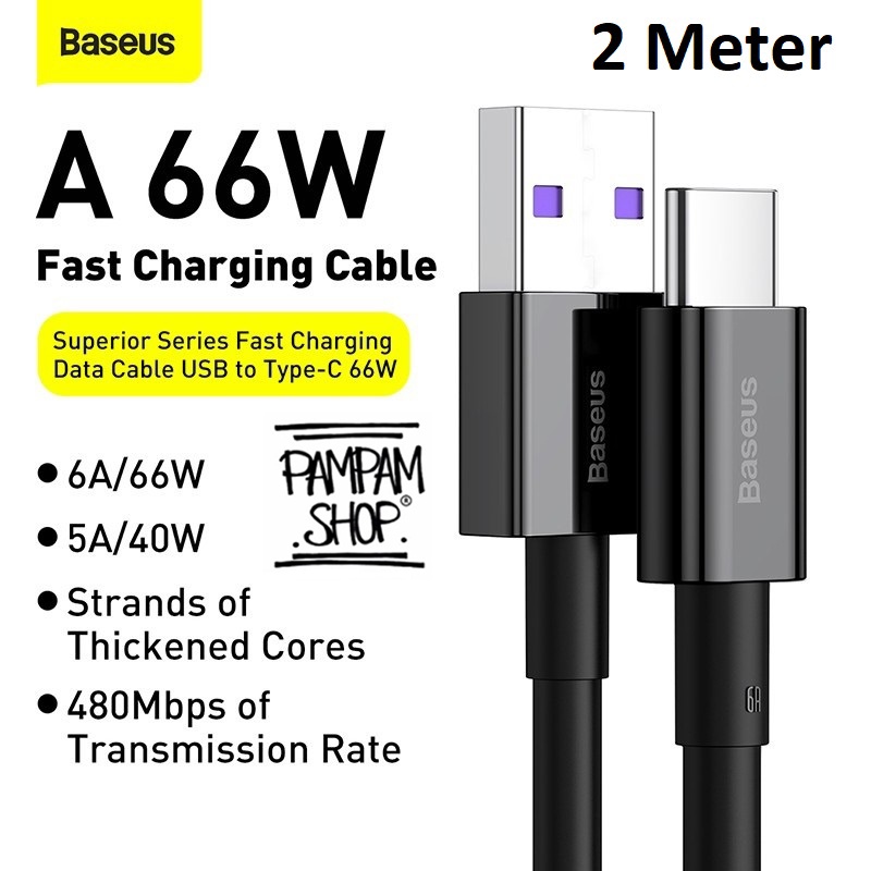 Baseus Original Superior Kabel Data USB Type C 2M 2 Meter Fast Charging 6A 66W Cable Tipe C Cable Ori 5A 40W Quick Charge PD