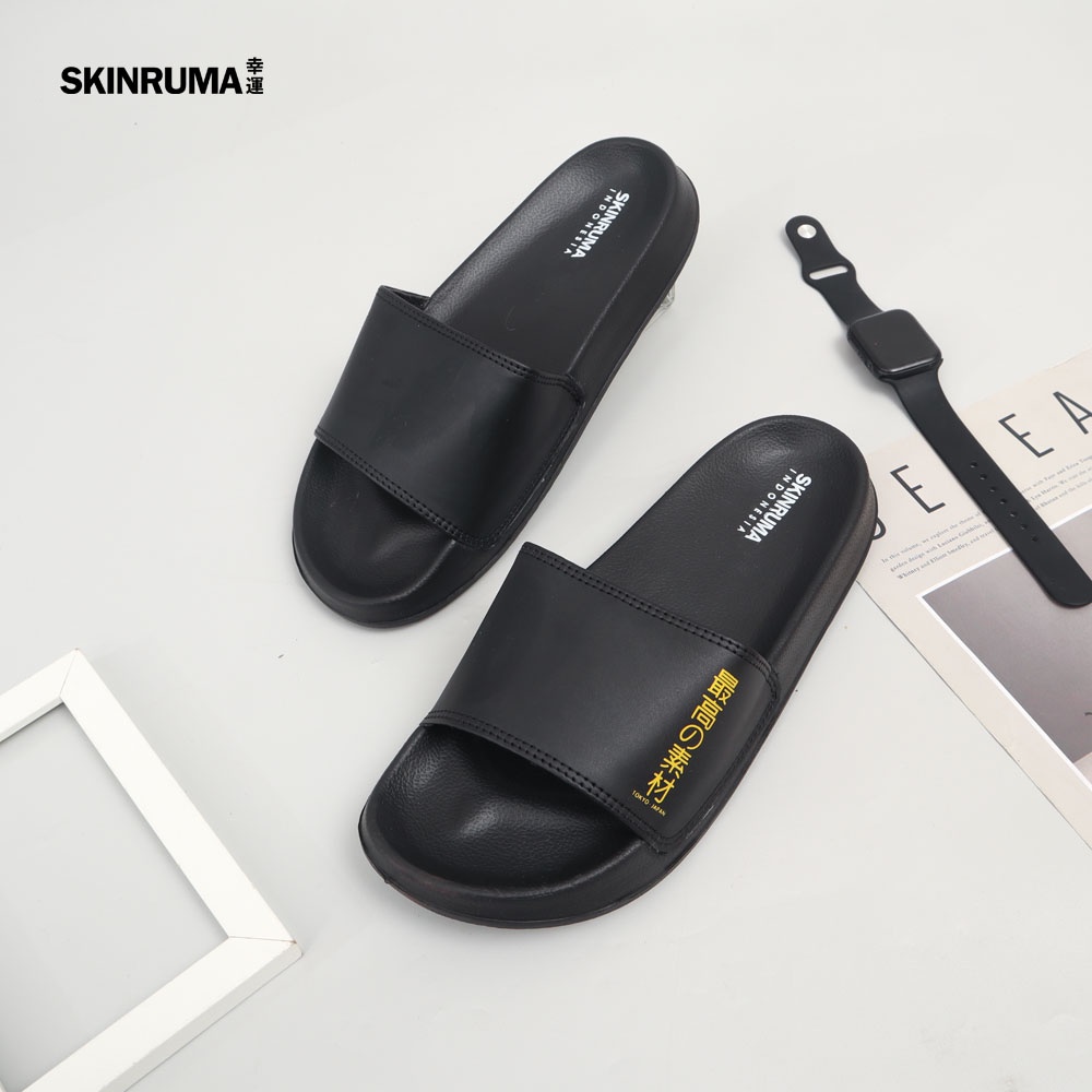 Sendal Selop Casual Pria SKINRUMA Saido Kanji Japanesse Hitam Gold / Sendal Slide Pria / Sendal Slip On Pria