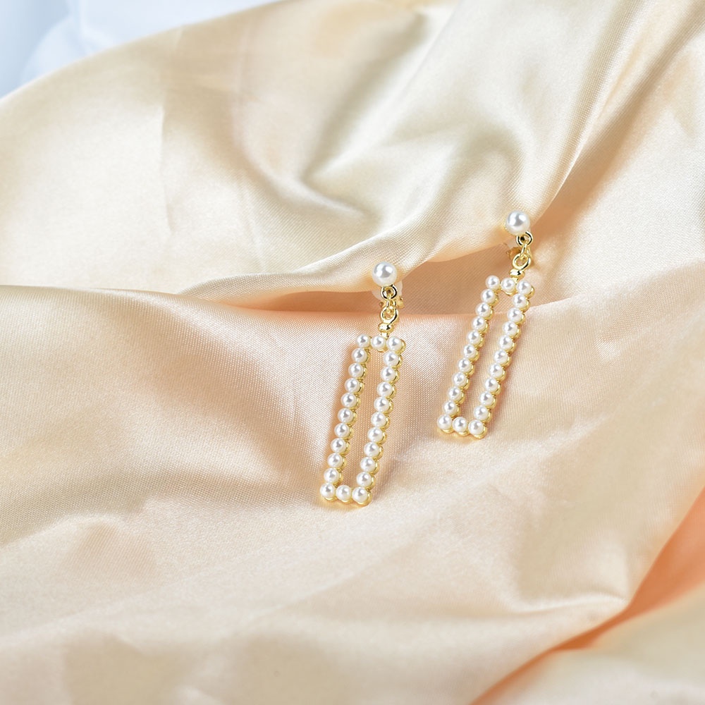 Anting Klip Tanpa Tindik Bentuk Persegi Panjang Geometris Aksen Mutiara Untuk Wanita