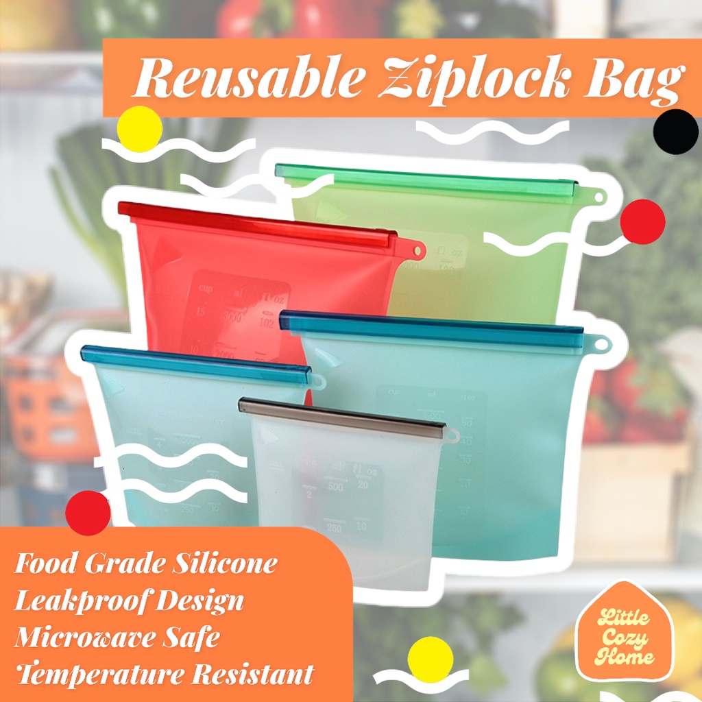 Leakproof Reusable Silicone Ziplock Bag Ukuran Lengkap / Standing Silicone Ziplock Pouch / Tempat Makanan Seal Silicone Reusable  /  Kantong Silikon Anti Bocor / MICROWAVABLE / DISHWASHER FRIENDLY