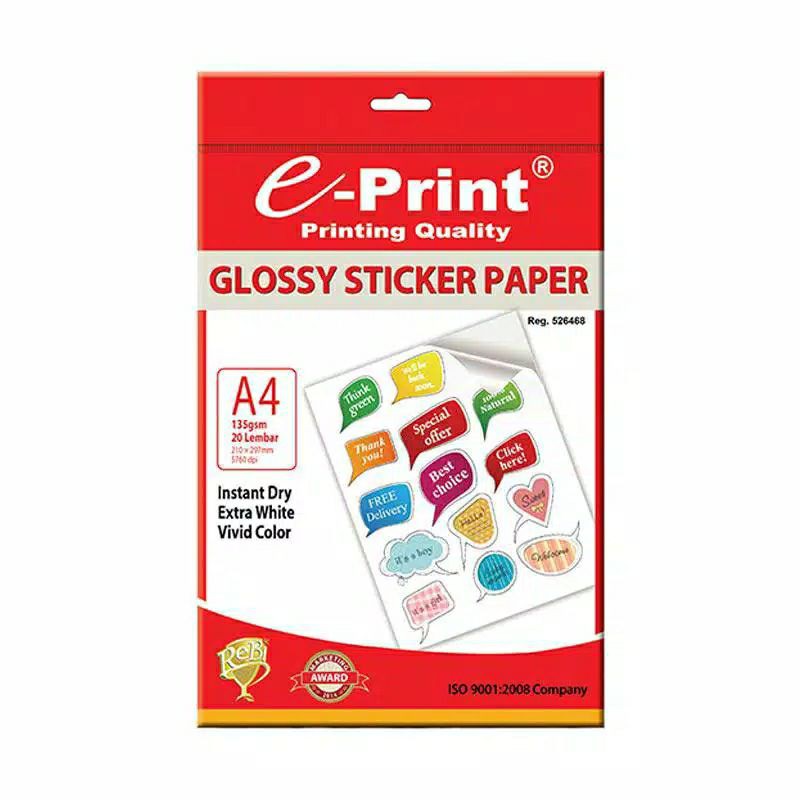 

E-print kertas photo glossy sticker paper A4 135gsm 20's Eprint