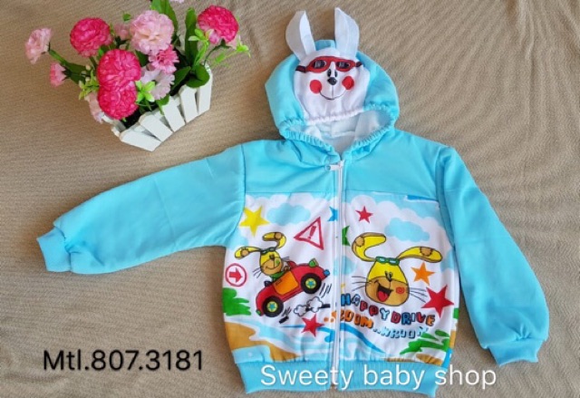 Jaket bayi topi telinga binatang full print 6-12m lucu murah / mantel bayi sapi jerapah kelinci