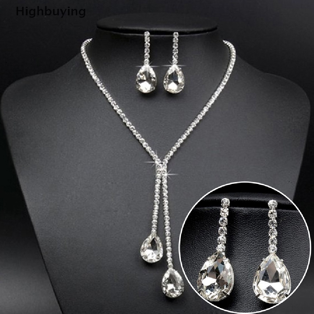 Hbid Set Kalung + Anting Gantung Kristal Berlian Imitasi Bentuk Tetesan Air Mewah Untuk Wanita