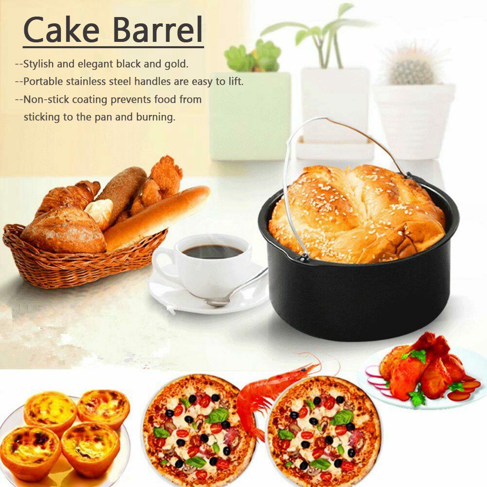 REBUY Grilling Cake Barrel Fryer Bread Baking Air Fryer Accessories Pizza Pot 6&quot;/7&quot;/8&quot; Carbon Steel Basket Pan Cake Tool