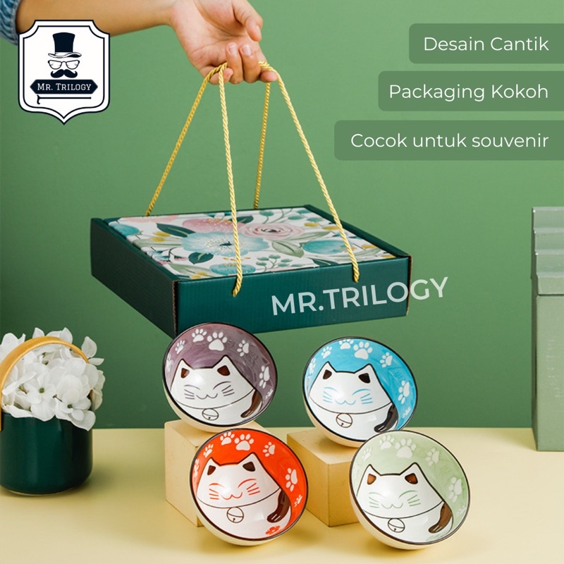 Hampers Mangkok Keramik Motif Kucing Lucky Cat - Maneki Neko Set alat Makan Jepang Sovenir Elegan Kekinian Anniversary Gift Hadiah Pernikahan Perkawinan Wedding Kawinan Trendy