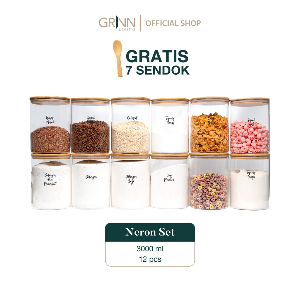 GRINN LIVING  SET PAKET Neron glass Bamboo jar 3000 ml toples tutup bambu kayu / tempat beras