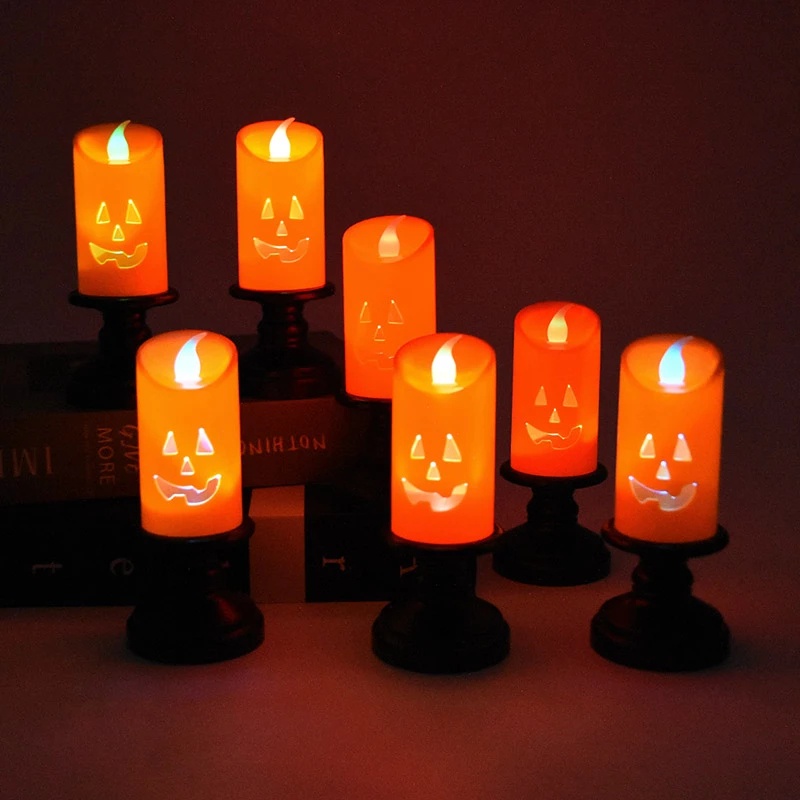 Lampu Lilin LED Bentuk Labu Hantu Tengkorak 3D Realistis Tenaga Baterai Untuk Dekorasi Halloween