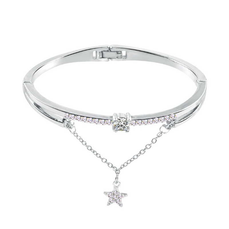 Fancyqube Gelang Tangan Model Terbuka Motif Hati / Bintang Aksen Kristal / Berlian Imitasi Untuk Wanita