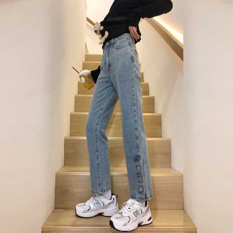 Celana Panjang Korean Stye Celana Fashion Style Ins Retro Pinggang Longgar Split Jeans Lurus Celana Panjang