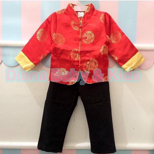 SETELAN IMLEK CHEONGSAM QIPAO MERAH ANAK LAKI CELANA JEANS