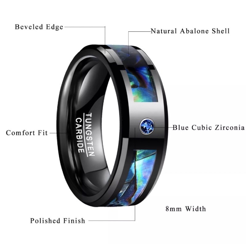 Cincin Tungsten Carbide Original Premium Quality Natural Abalone Shell Cubic Zirconia