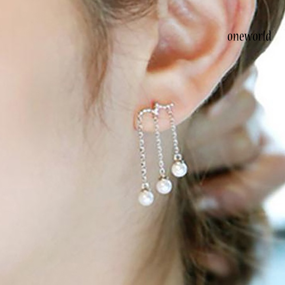 OW@ Elegant Party Women Triple Tassel Faux Pearl Long Dangle Stud Earrings Jewelry