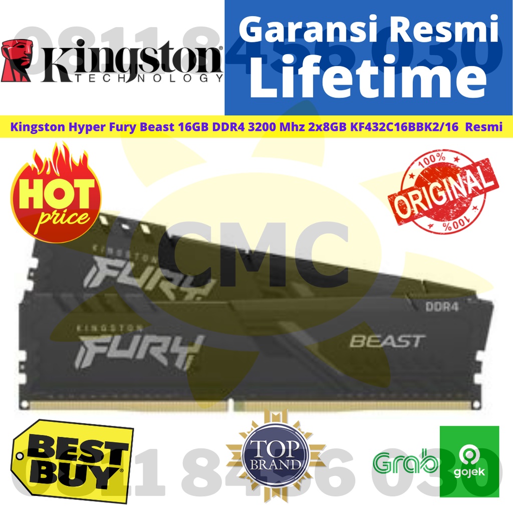 DDR4 KINGSTON KF432C16BBK2/16 Fury Beast 16GB 8GB x2 DDR4 3200MHz Resmi