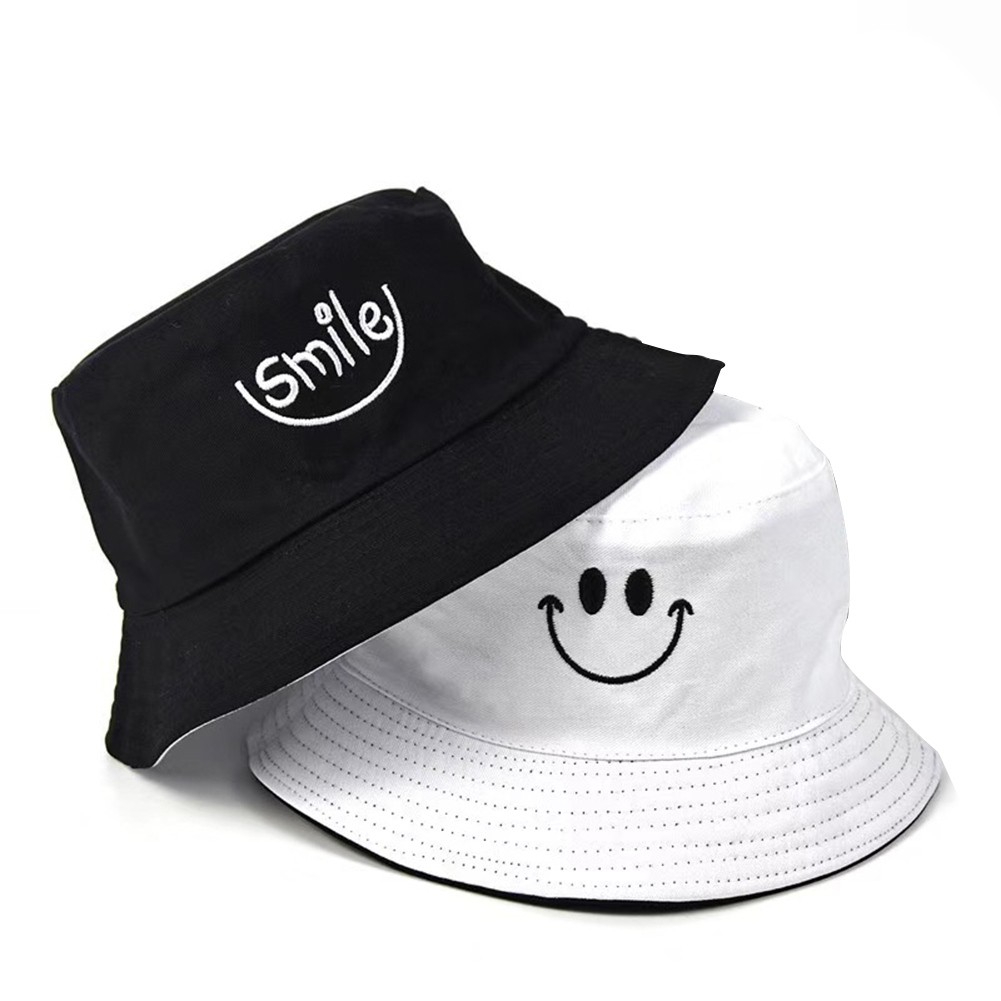 CUCI GUDANG - BEST QUALITY Topi Bucket Wanita/Topi Wanita PRIA Motif Smile Bisa Bolak Balik (COD )