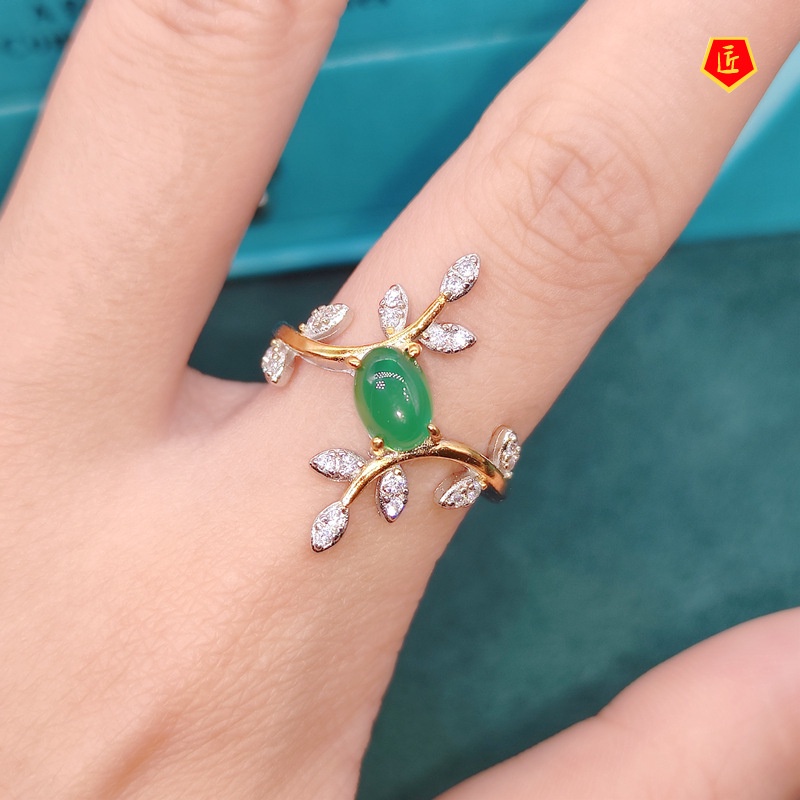 [Ready Stock]Natural Chalcedony Necklace Diamond Olive Leaf Pendant Open Ring