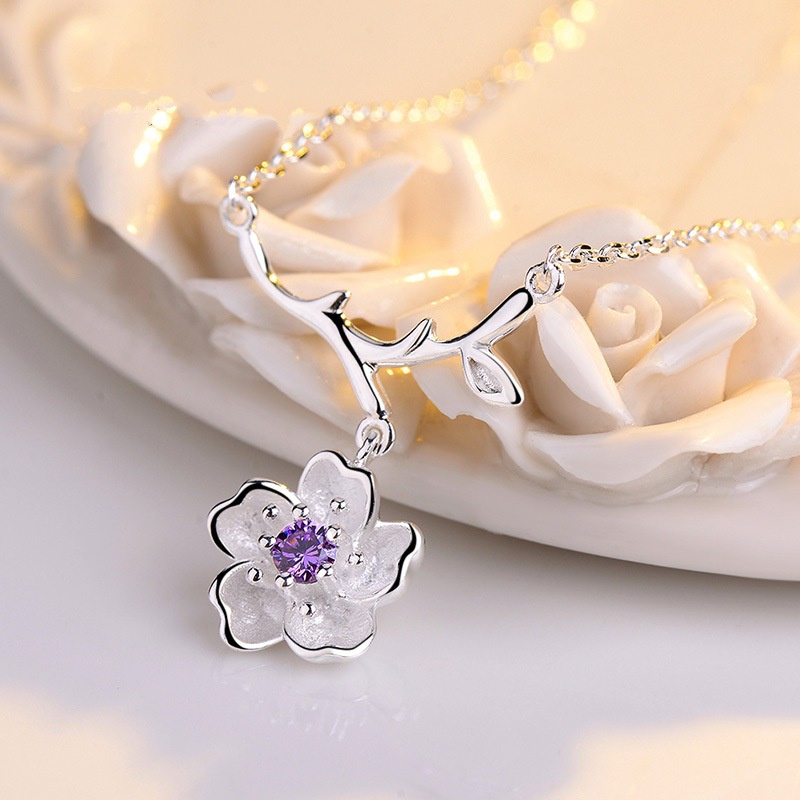 [Ready Stock]Fashion Pink Diamond Purple Diamond Cherry Blossom Necklace Flower Branch Pendant