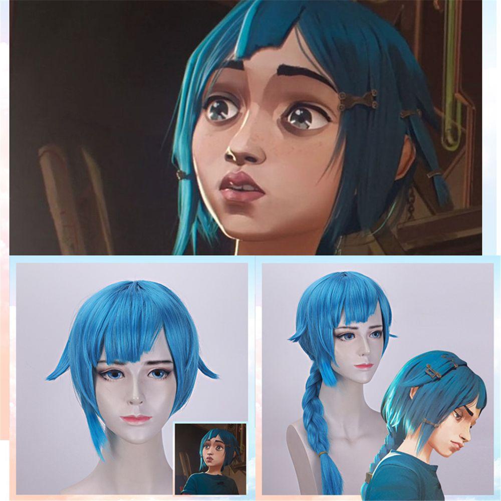 Anime Young Jinx Powder Wig LOL Arcane Headwear for Women Cosplay Synthetic Blue Hair