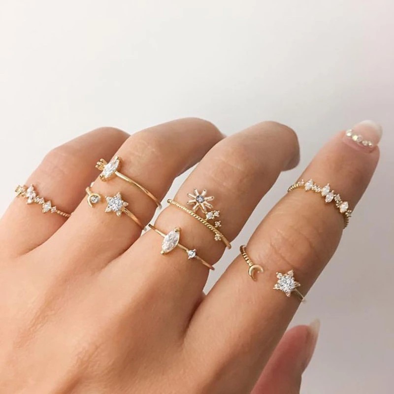 Set Cincin Vintage Gold Crystal Ring Set Bohemian Moon Star Rings Women Finger Ring Wedding Jewelry