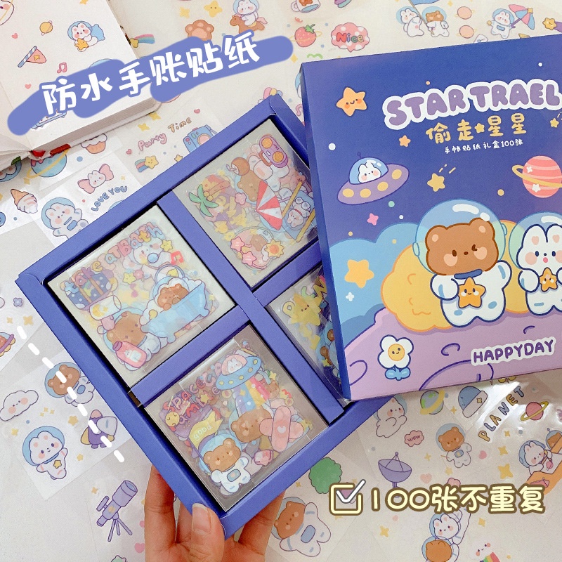 1Set Stiker Lucu Cute Cartoon Bear SPACE Waterproof StickerGift Box GirlThermos Cup Sticker Sheets