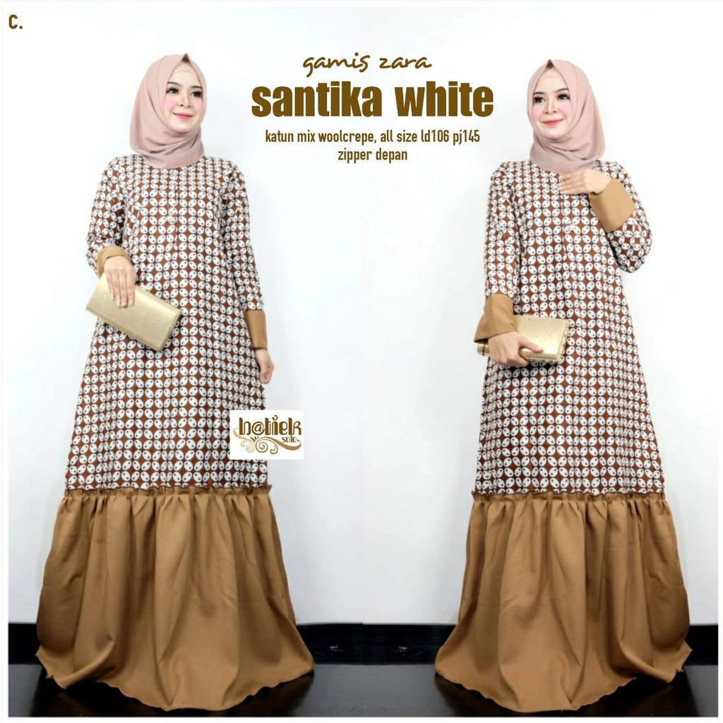 Gamis Zara Santika White Batik Muslim Long Maxi Seragam Pesta Casual Modern Baru Cantik Modern