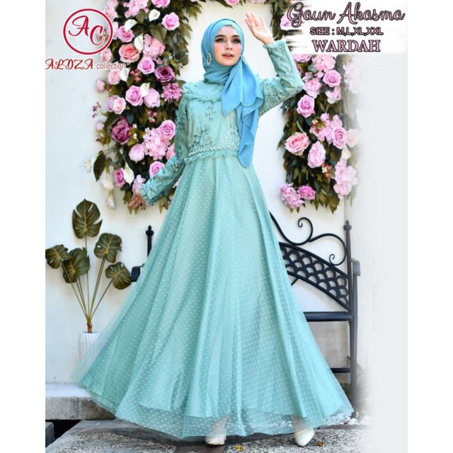 Gamis Akasma , By Aldza Collection , Gamis Tille mix Satin , Gamis Mewah payet mutiara , Gamis Pesta